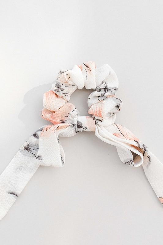 Taupe Floral Bow Scrunchie - Aria & Sophia